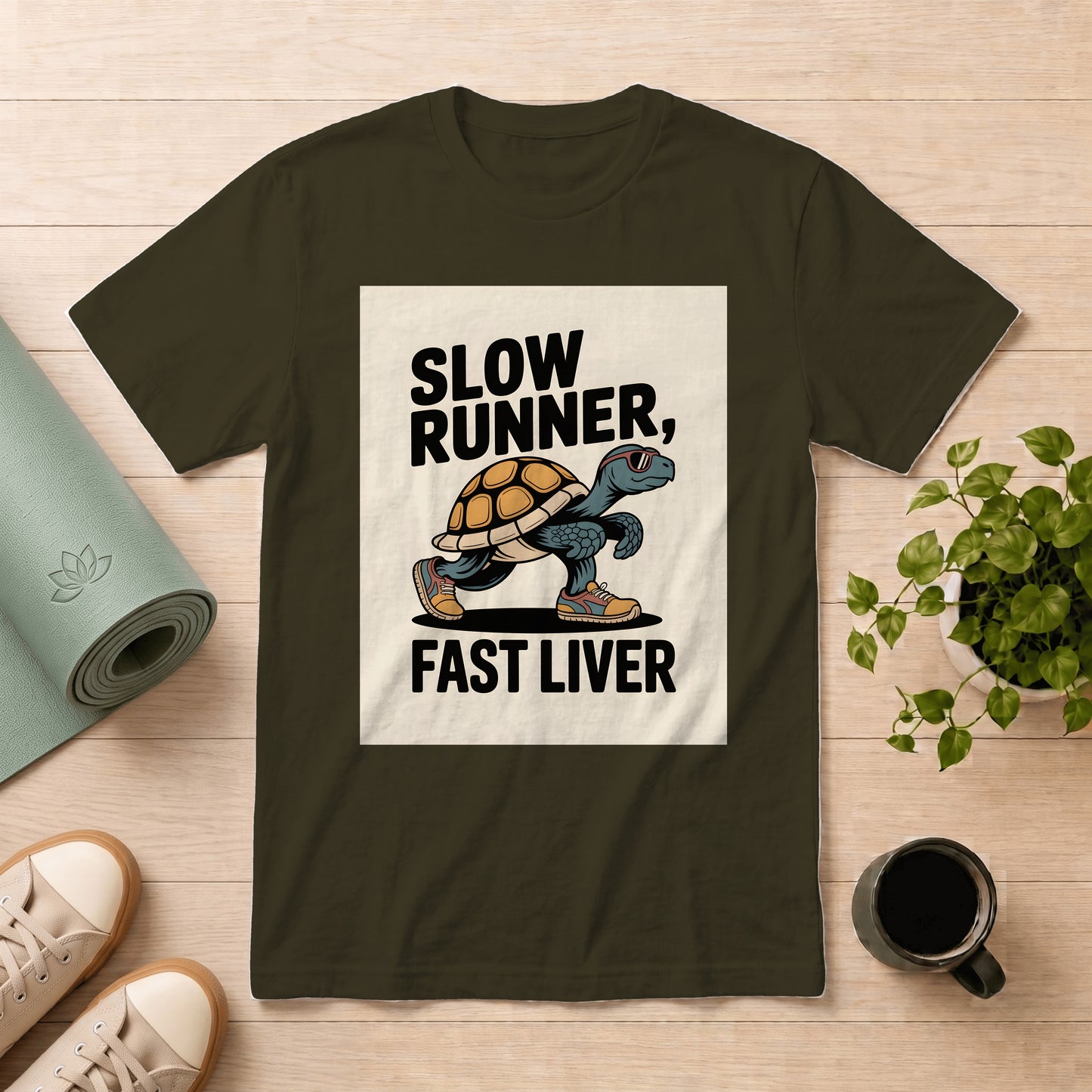 T-Shirt — "Slow Runner, Fast Liver" Turtle Graphic Vintage Casual Tee