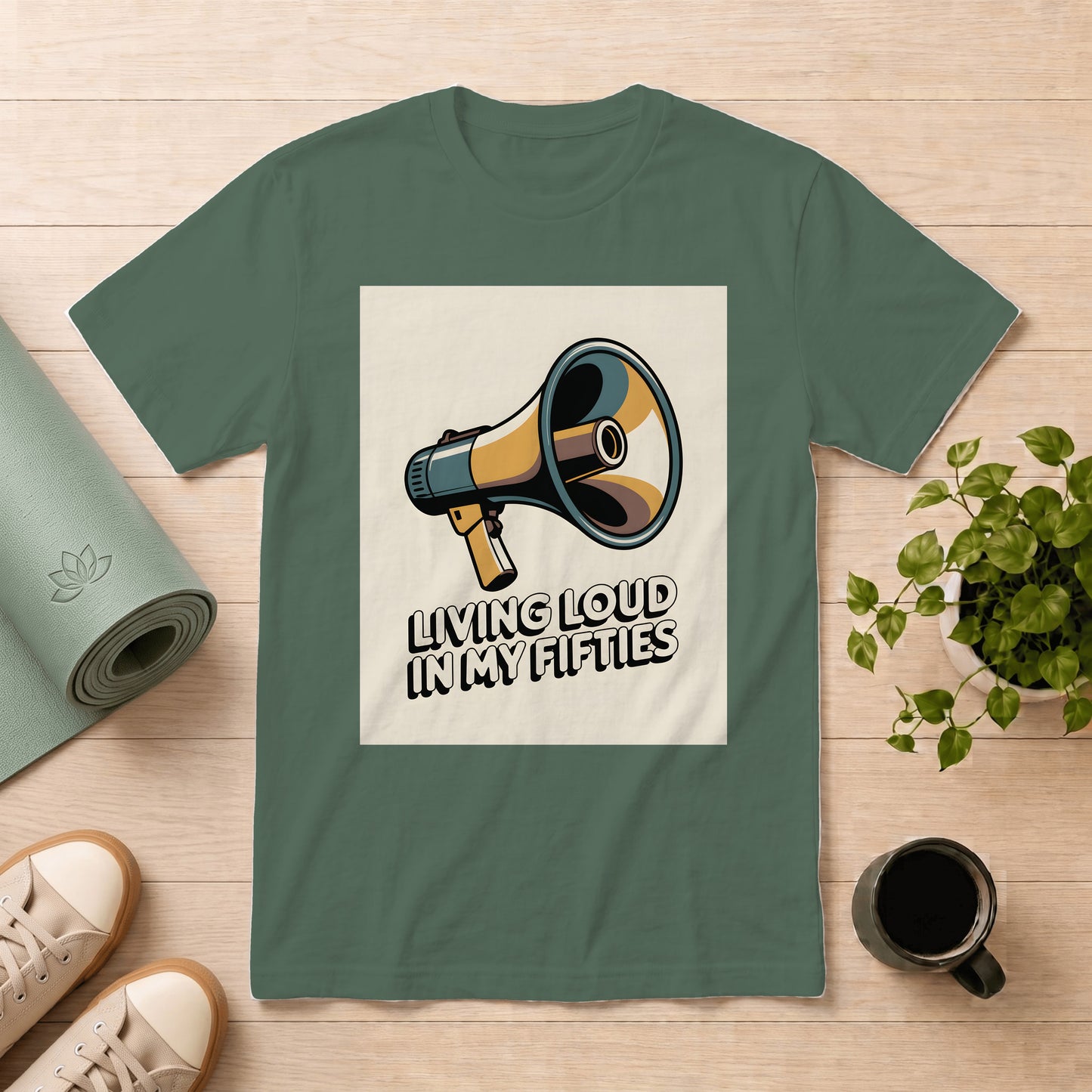 T-Shirt — "Living Loud in My Fifties" Megaphone Graphic Tee