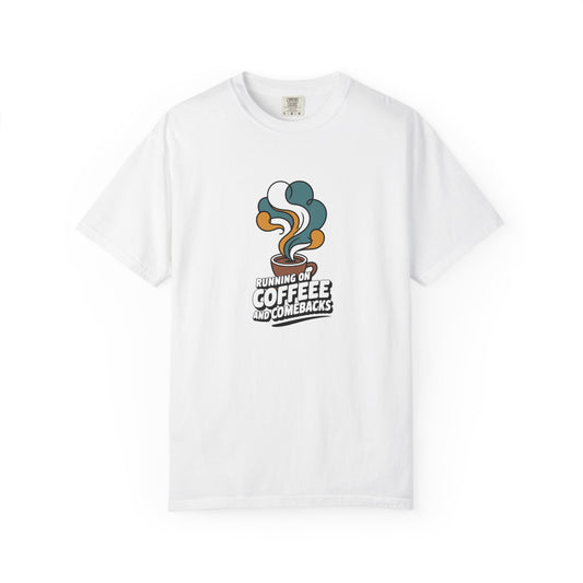 Coffee Comeback T-Shirt — Retro Steam Graphic “Running on Coffee” Tee