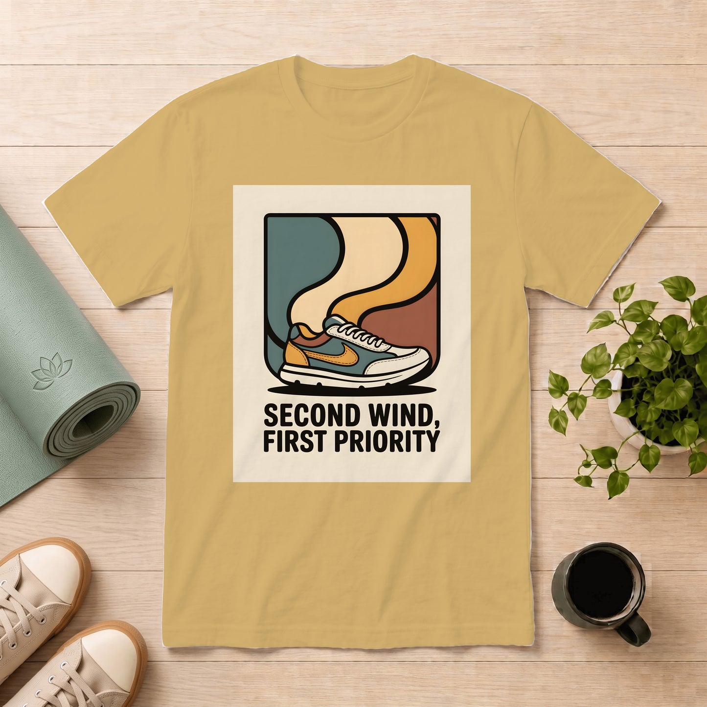 A beige graphic t-shirt laid flat on a light wood background, surrounded by lifestyle props including a yoga mat, sneakers, a potted plant, and a coffee mug. The t-shirt features a retro-style graphic of a running shoe with the text 'SECOND WIND, FIRST PRIORITY'.