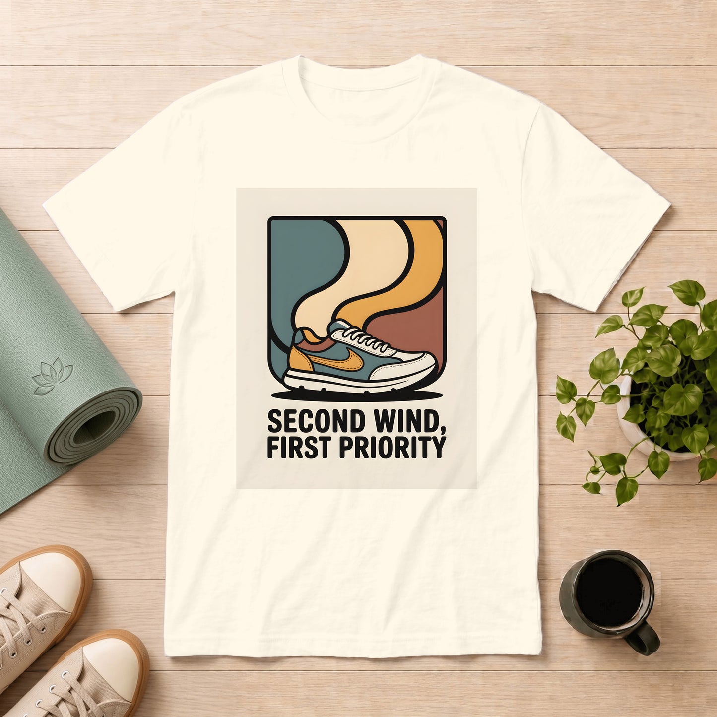 An off-white short-sleeve t-shirt laid flat on a light wood surface, featuring a retro graphic of a sneaker with the text 'SECOND WIND, FIRST PRIORITY'. The shirt is styled with a yoga mat, sneakers, a potted plant, and a coffee mug.