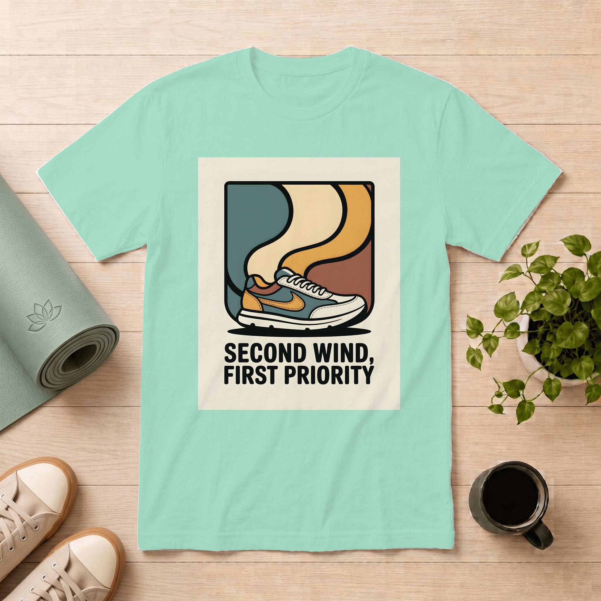 A mint green t-shirt laid flat on a light wood surface, featuring a retro graphic of a running shoe with the text 'SECOND WIND, FIRST PRIORITY'. The shirt is styled with a yoga mat, sneakers, a coffee mug, and a potted plant.