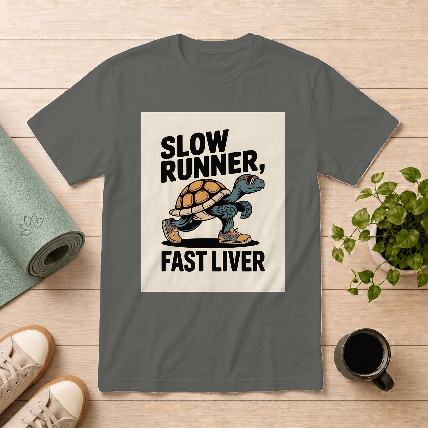 T-Shirt — "Slow Runner, Fast Liver" Turtle Graphic Vintage Casual Tee