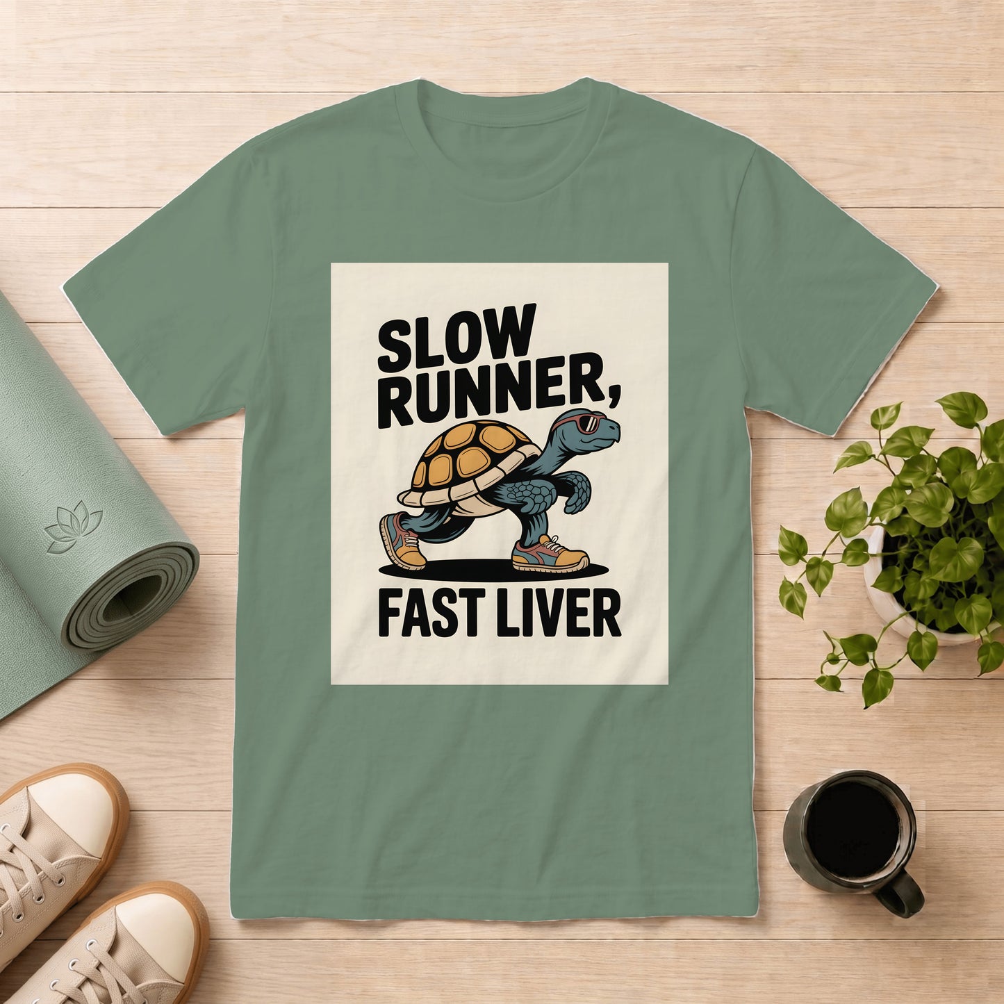 T-Shirt — "Slow Runner, Fast Liver" Turtle Graphic Vintage Casual Tee