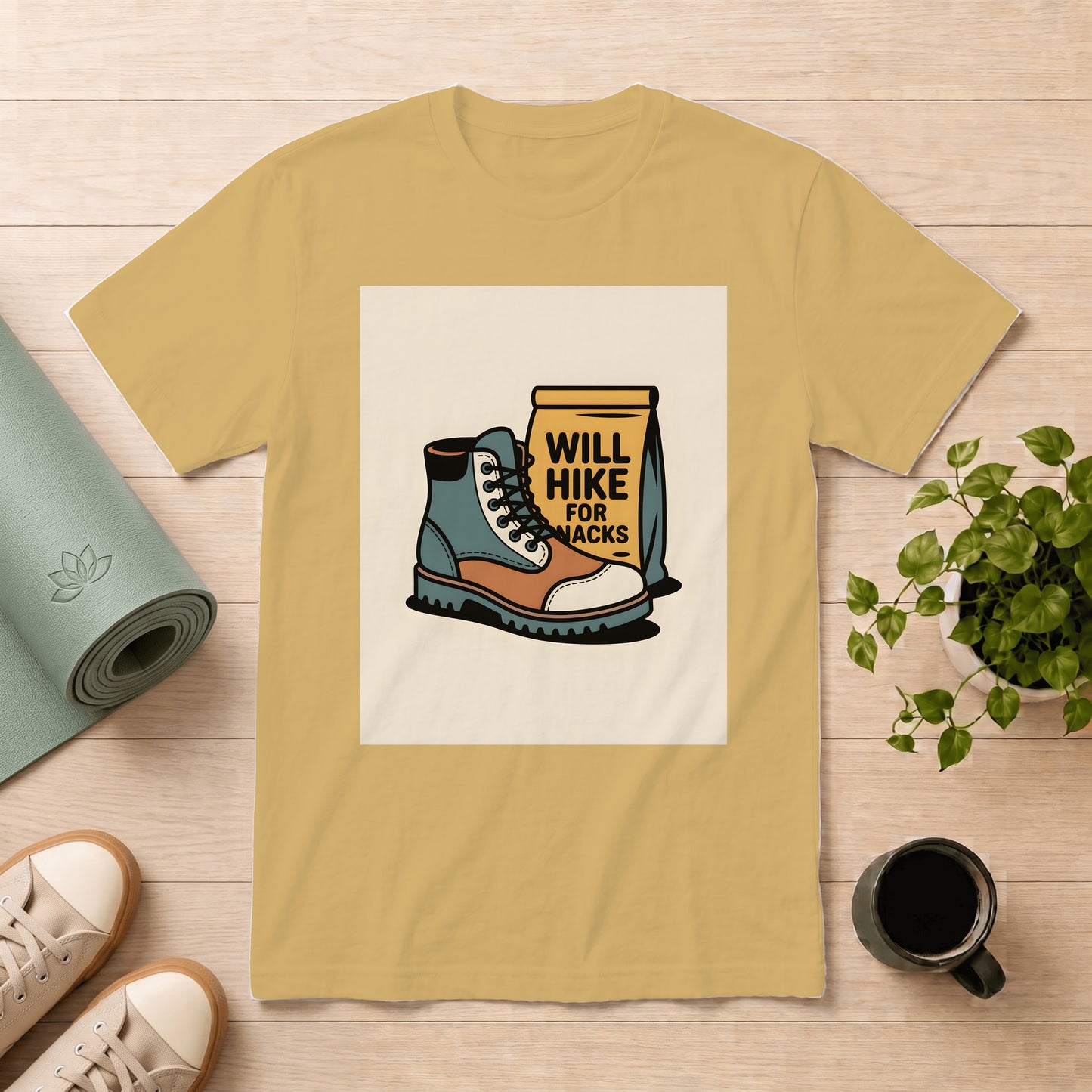 Hiking Boots T-Shirt — "Will Hike for Snacks" Outdoor Tee