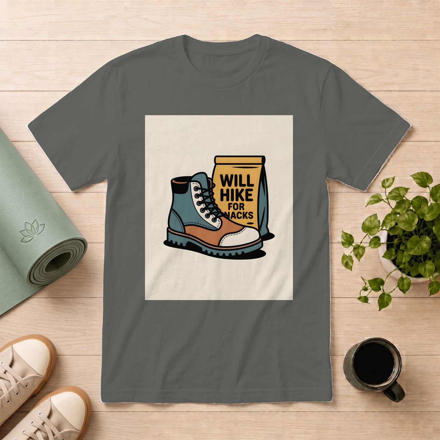 Hiking Boots T-Shirt — "Will Hike for Snacks" Outdoor Tee