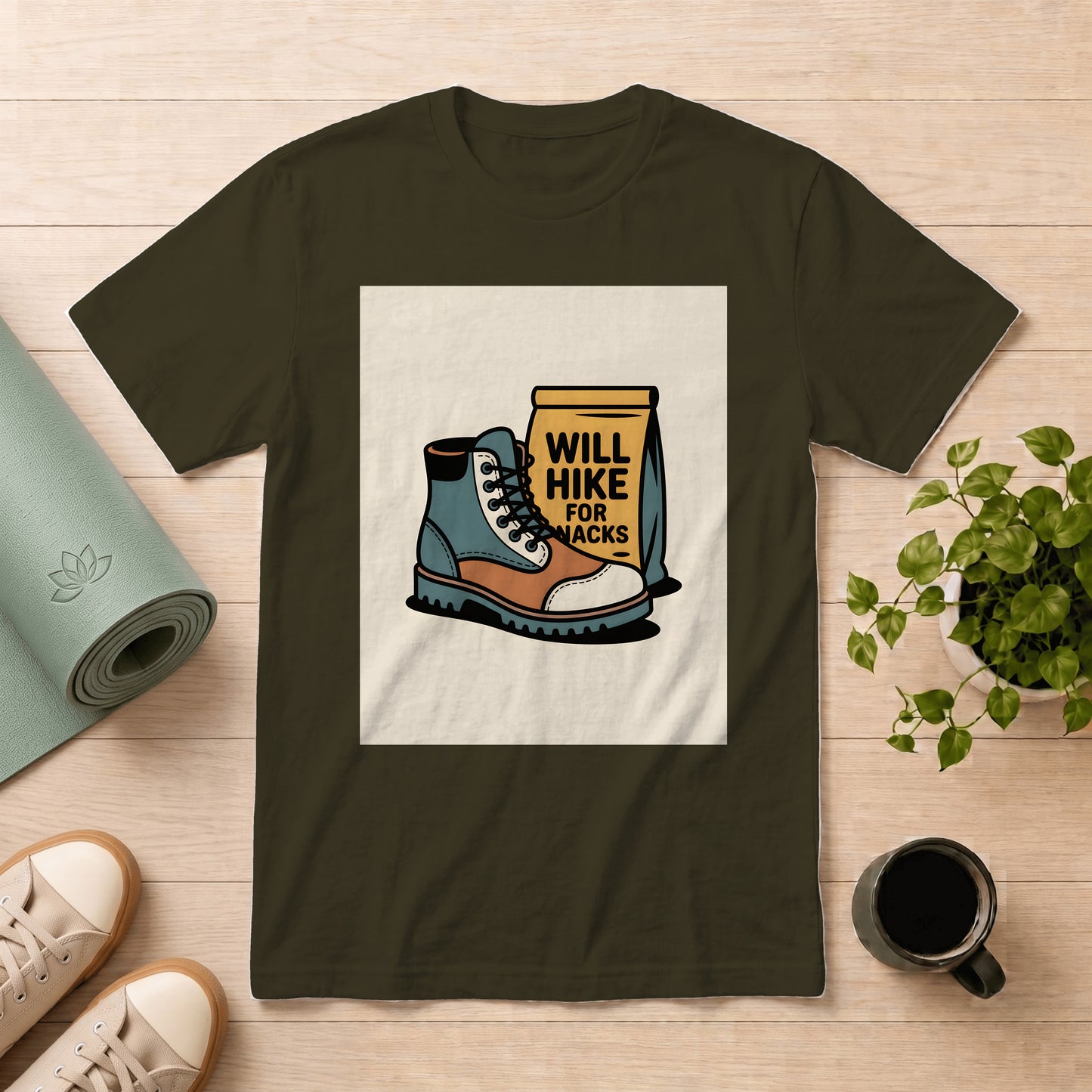Hiking Boots T-Shirt — "Will Hike for Snacks" Outdoor Tee