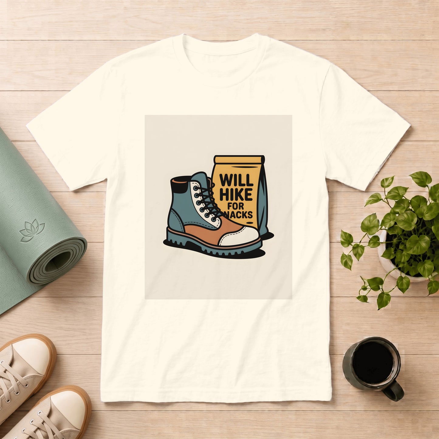 Hiking Boots T-Shirt — "Will Hike for Snacks" Outdoor Tee