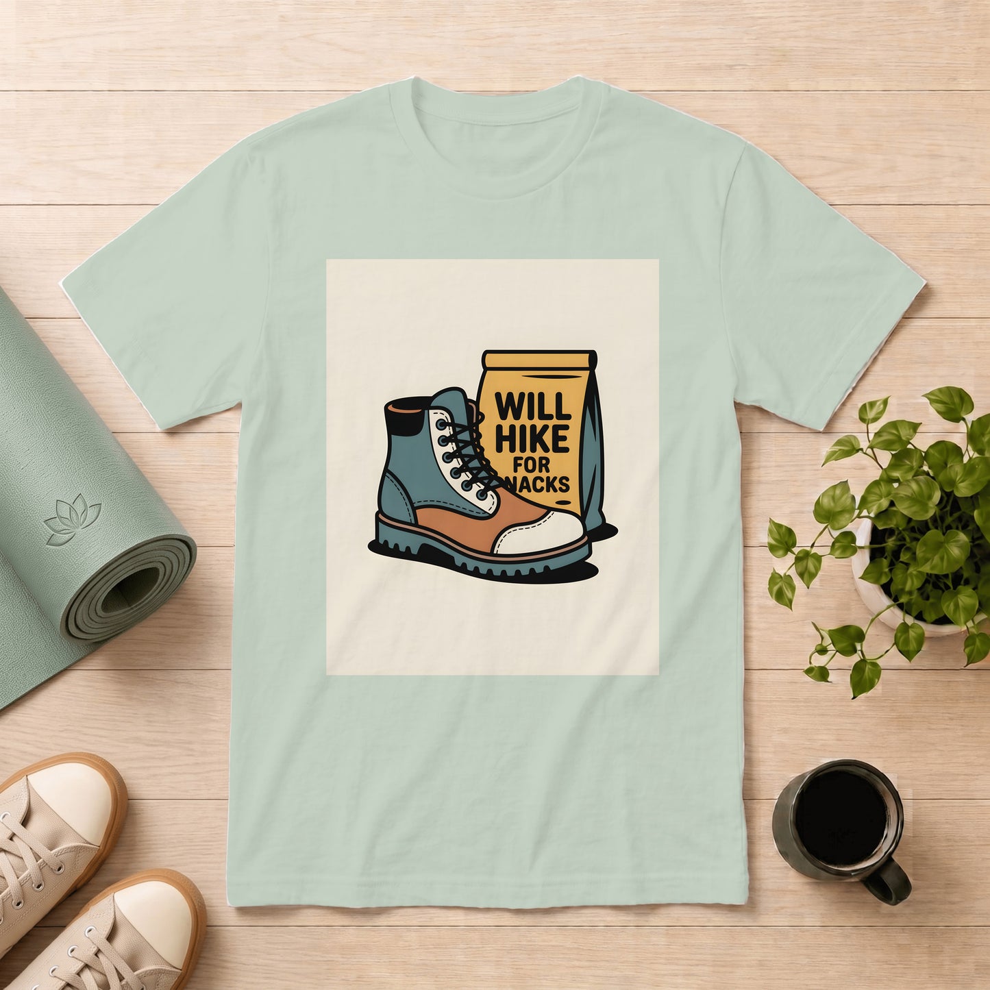Hiking Boots T-Shirt — "Will Hike for Snacks" Outdoor Tee