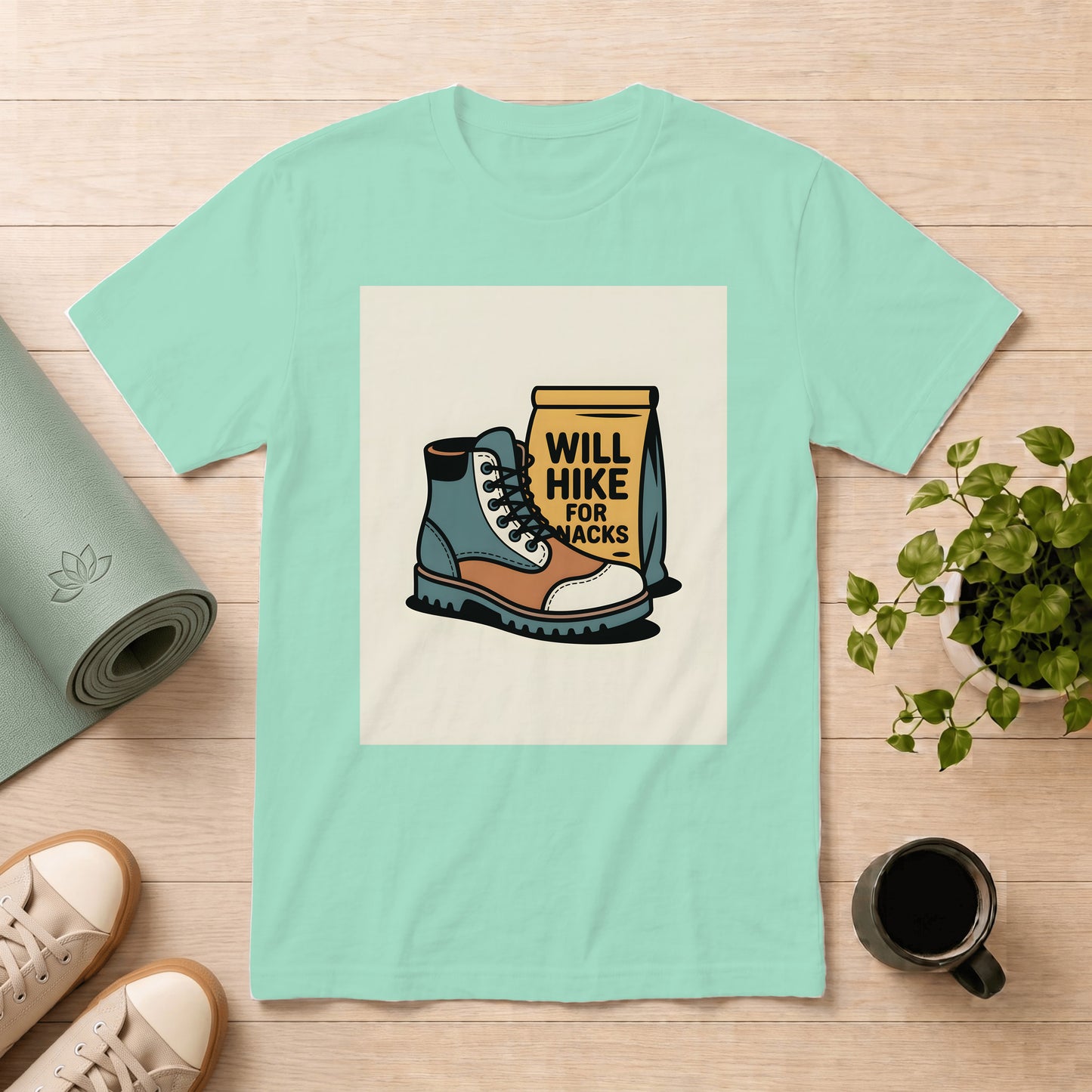 Hiking Boots T-Shirt — "Will Hike for Snacks" Outdoor Tee
