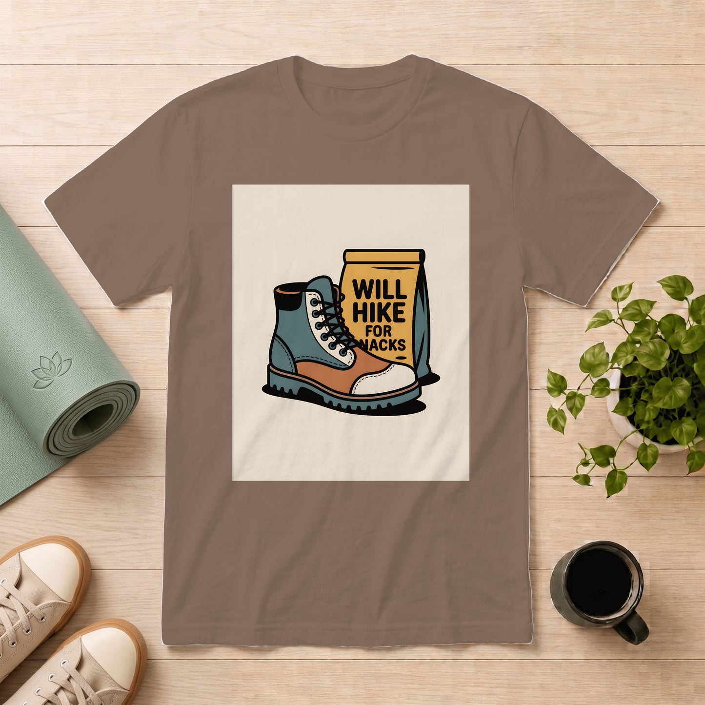 Hiking Boots T-Shirt — "Will Hike for Snacks" Outdoor Tee