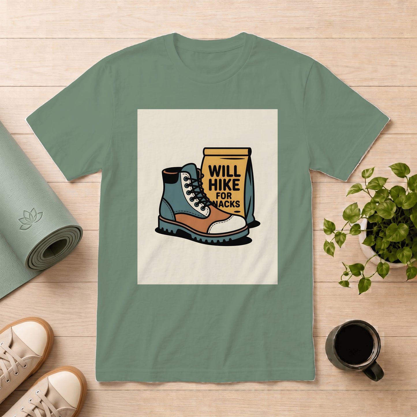 Hiking Boots T-Shirt — "Will Hike for Snacks" Outdoor Tee
