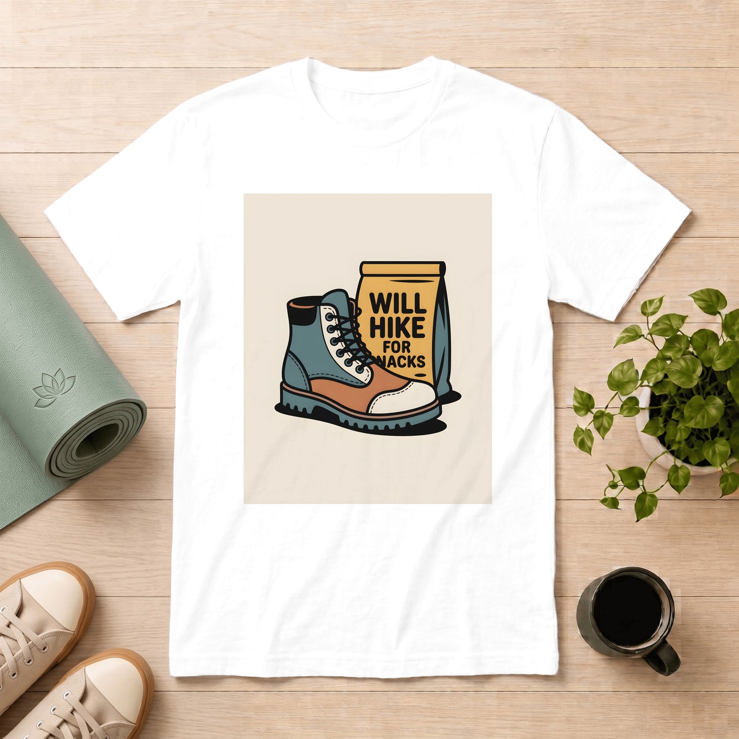 Hiking Boots T-Shirt — "Will Hike for Snacks" Outdoor Tee