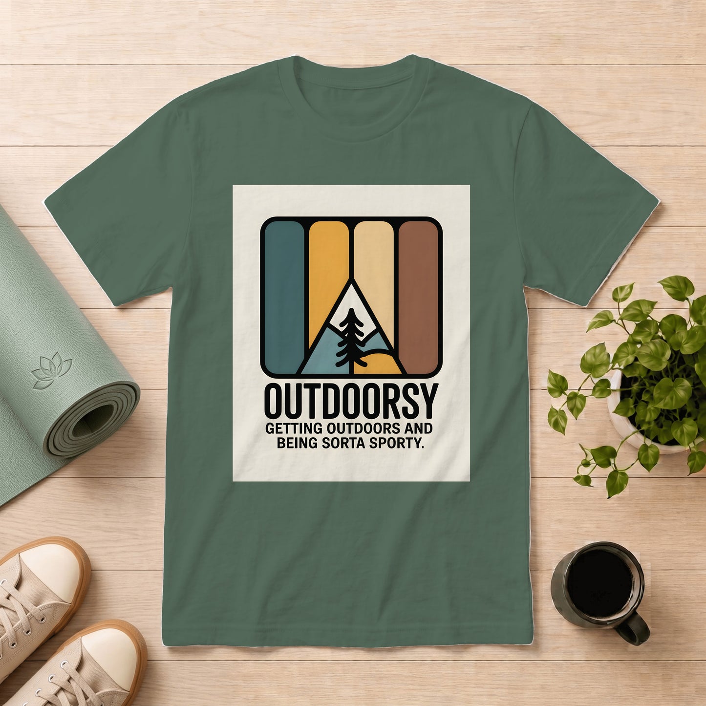Outdoorsy Retro Graphic T-Shirt – “Outdoorsy: Getting Outdoors and Being Sorta Sporty”