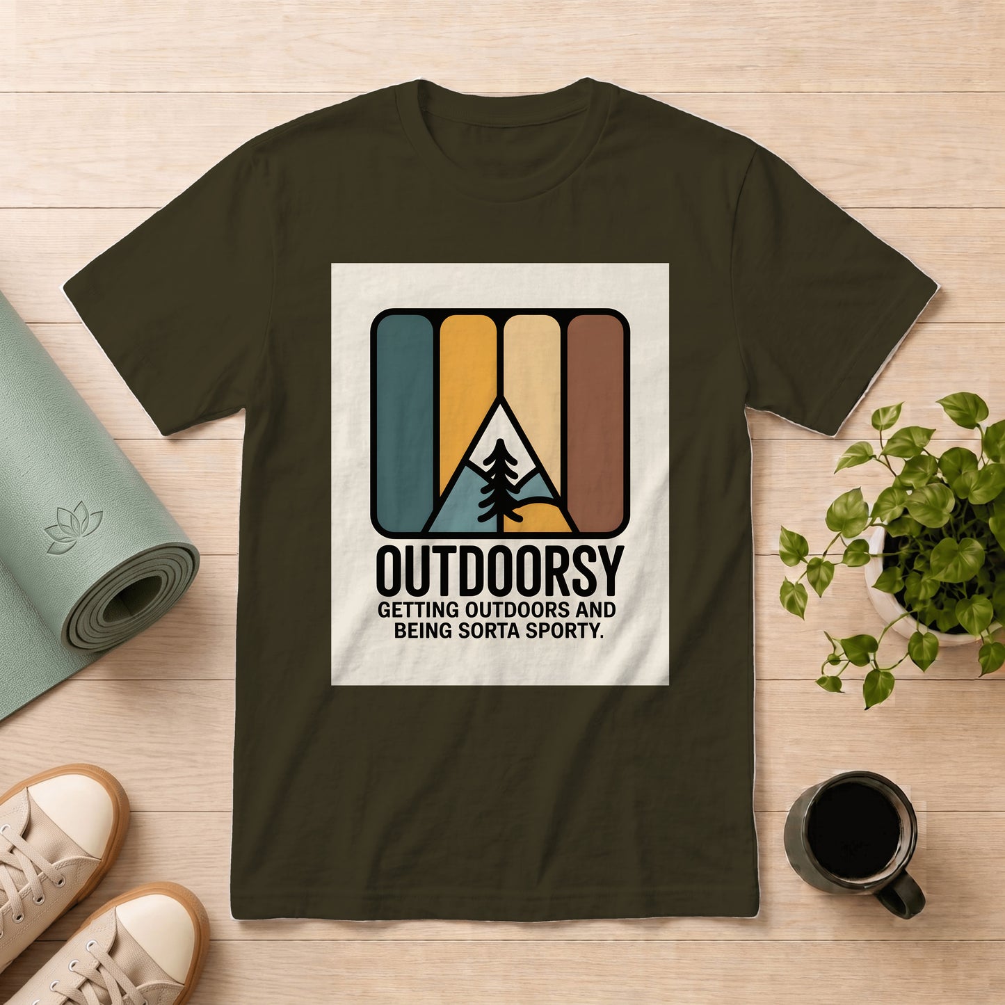 Outdoorsy Retro Graphic T-Shirt – “Outdoorsy: Getting Outdoors and Being Sorta Sporty”