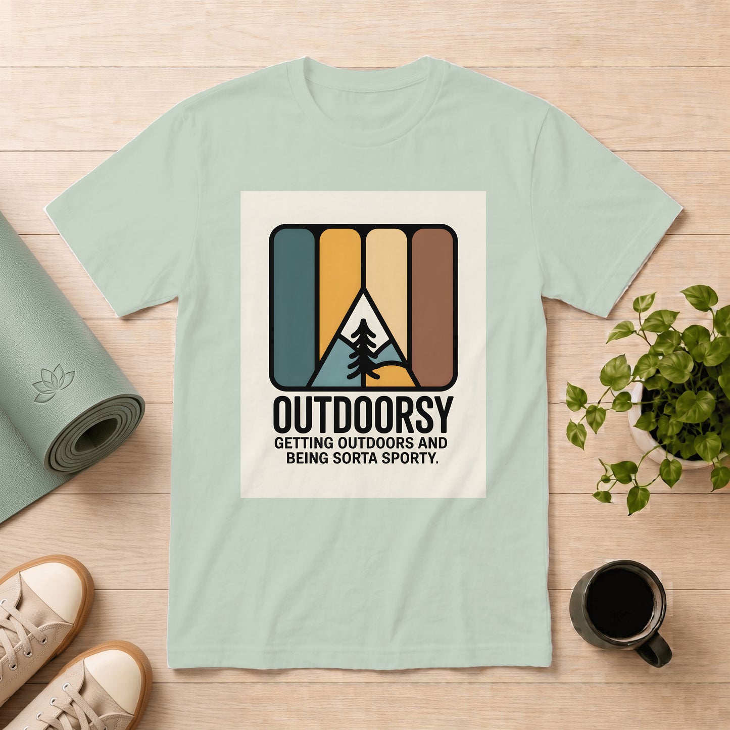 Outdoorsy Retro Graphic T-Shirt – “Outdoorsy: Getting Outdoors and Being Sorta Sporty”