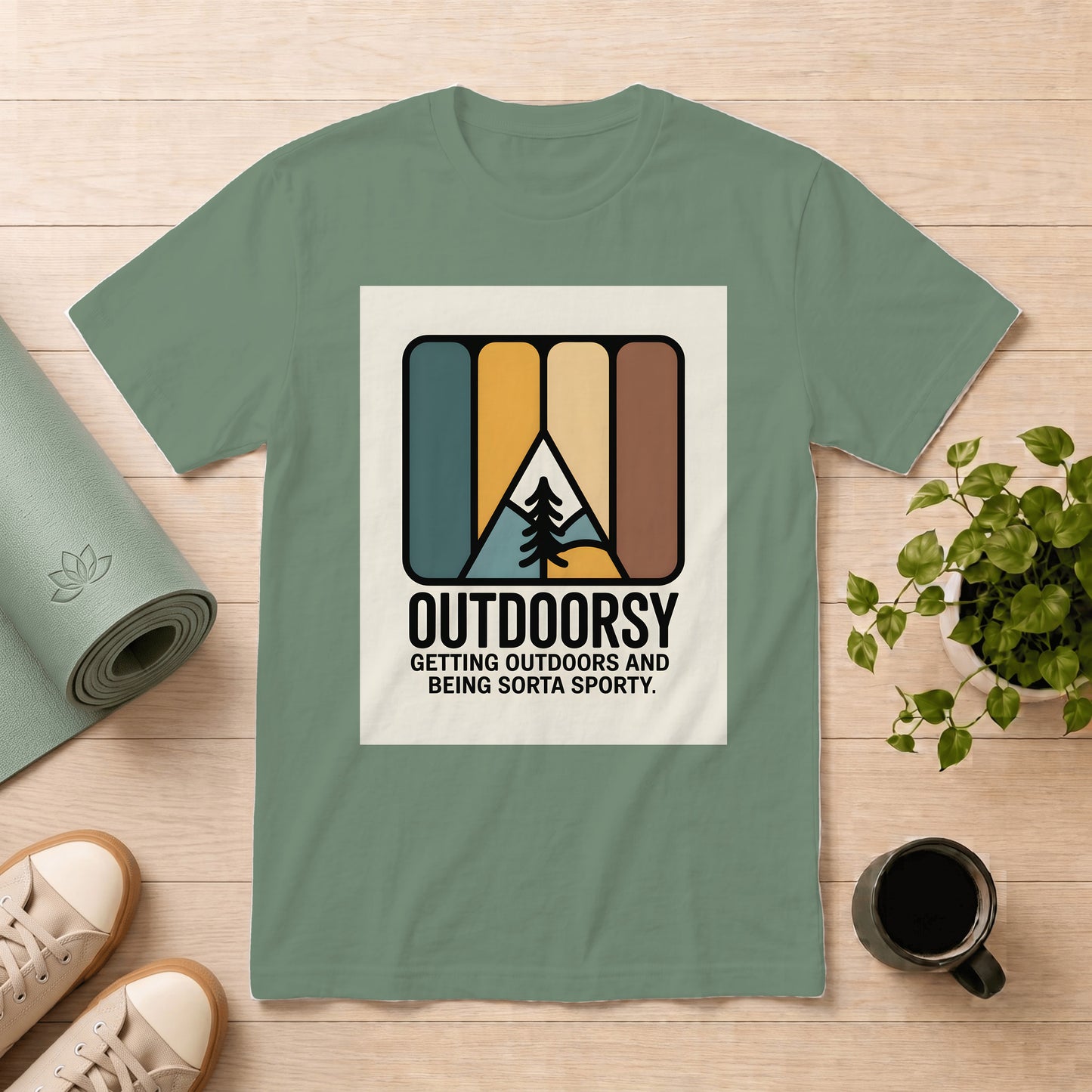 Outdoorsy Retro Graphic T-Shirt – “Outdoorsy: Getting Outdoors and Being Sorta Sporty”