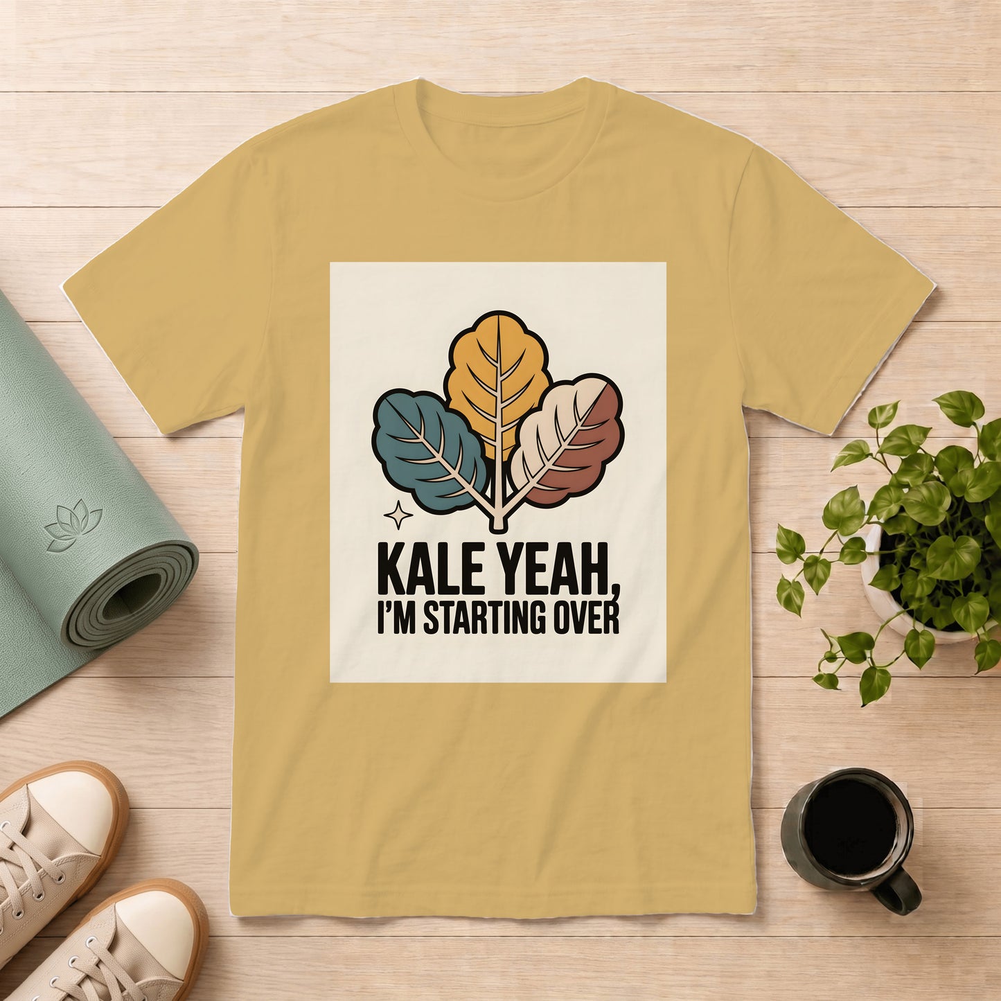 T-Shirt — "Kale Yeah, I’m Starting Over" Retro Leaf Graphic