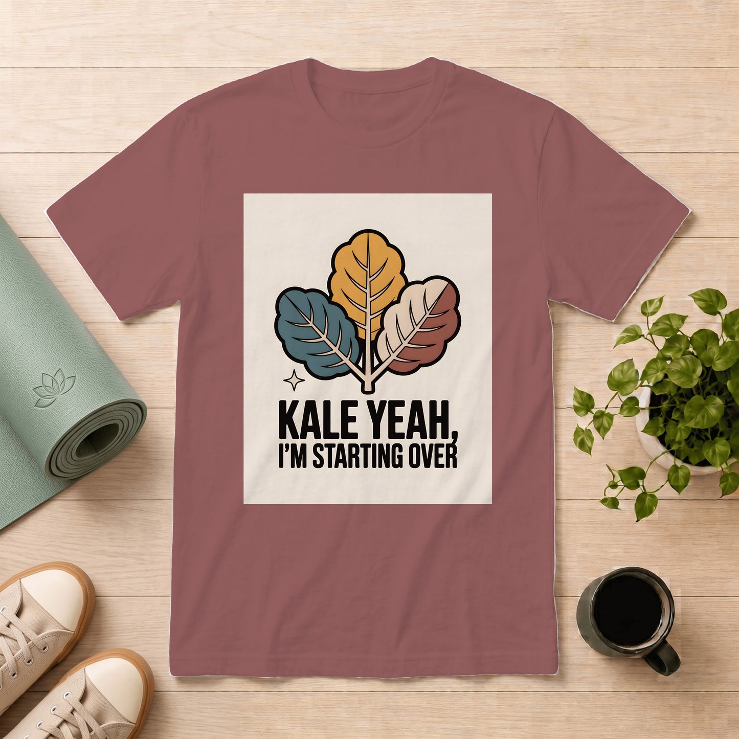 T-Shirt — "Kale Yeah, I’m Starting Over" Retro Leaf Graphic