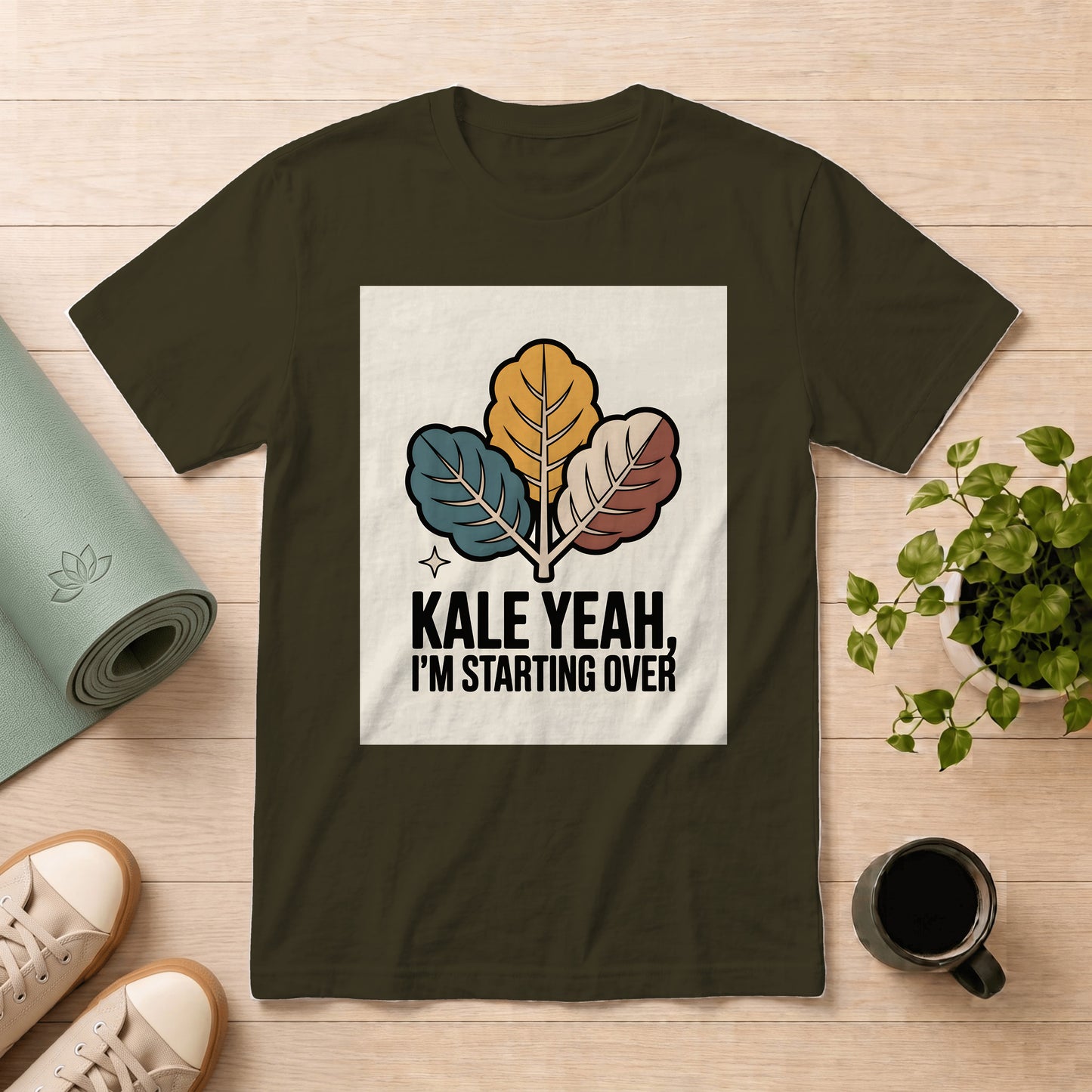 T-Shirt — "Kale Yeah, I’m Starting Over" Retro Leaf Graphic