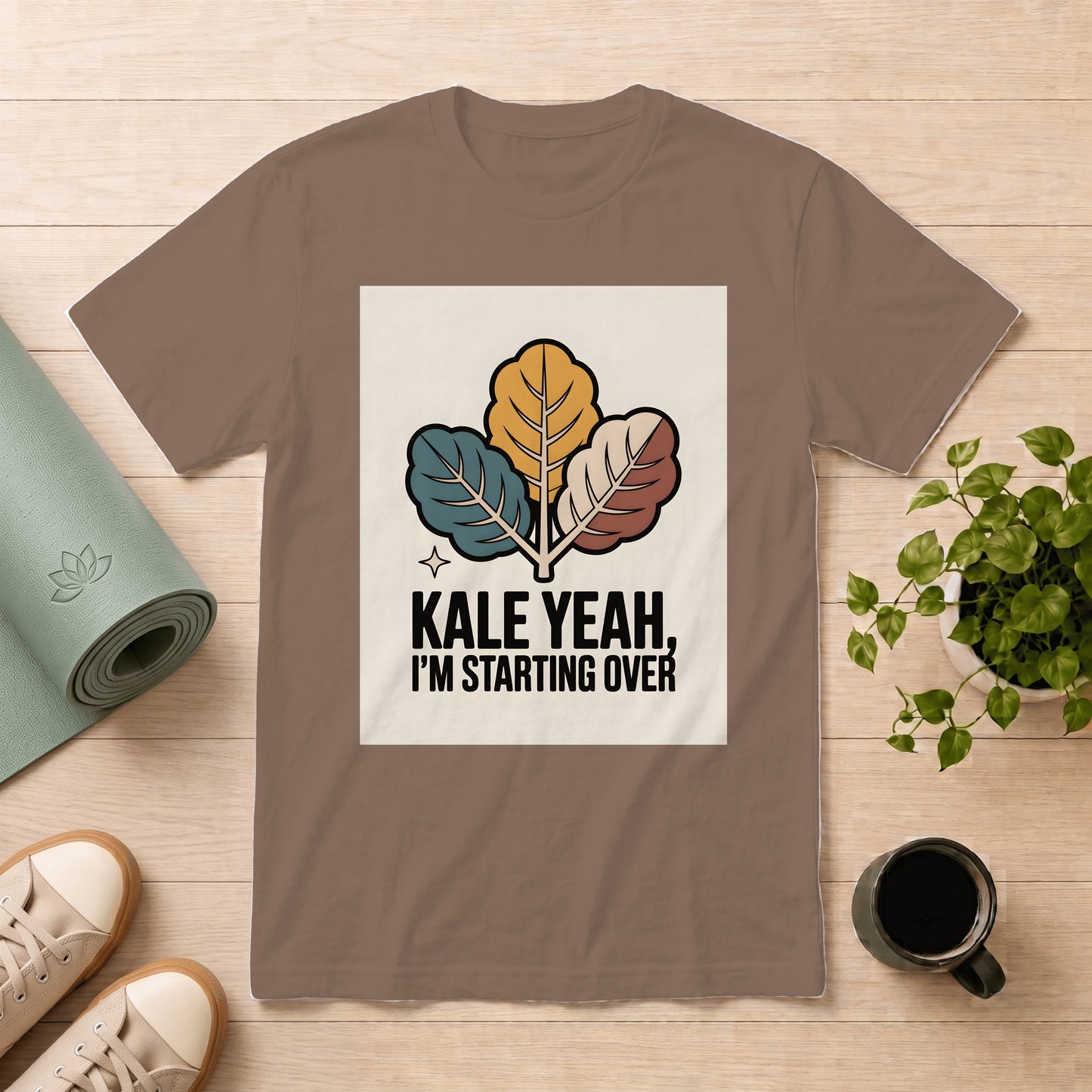 T-Shirt — "Kale Yeah, I’m Starting Over" Retro Leaf Graphic