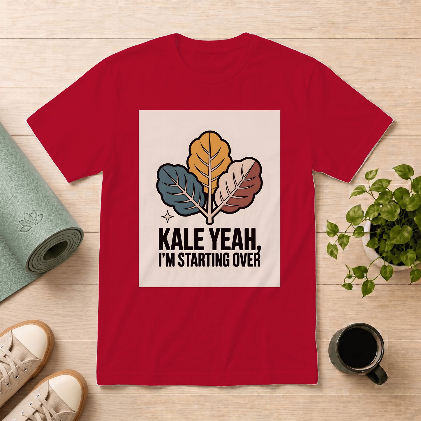 T-Shirt — "Kale Yeah, I’m Starting Over" Retro Leaf Graphic