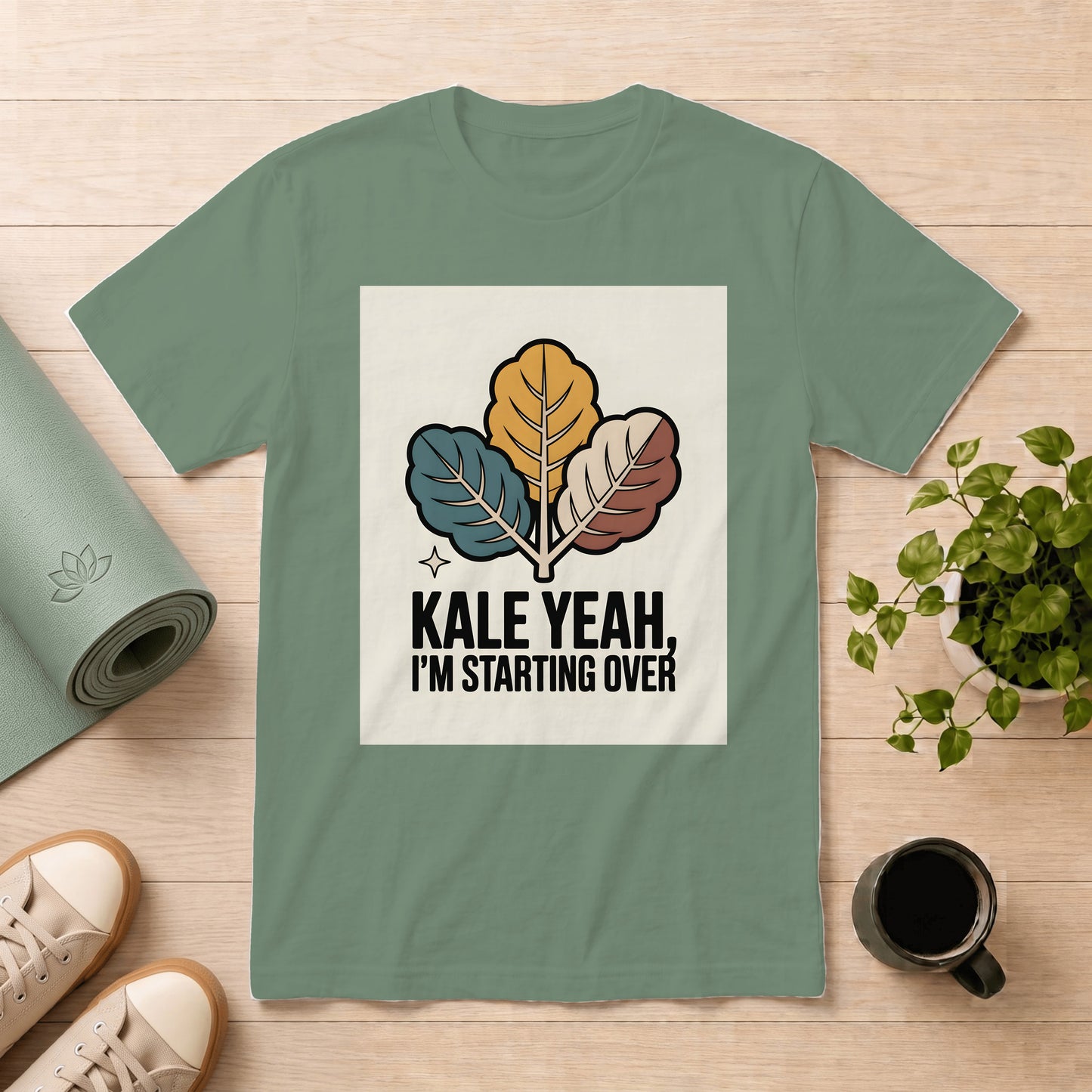 T-Shirt — "Kale Yeah, I’m Starting Over" Retro Leaf Graphic