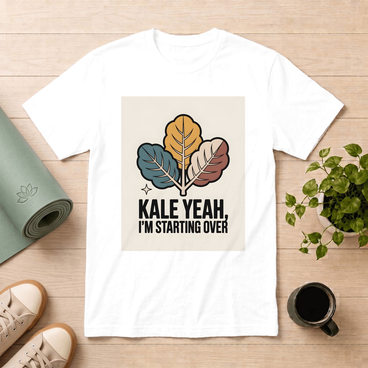 T-Shirt — "Kale Yeah, I’m Starting Over" Retro Leaf Graphic