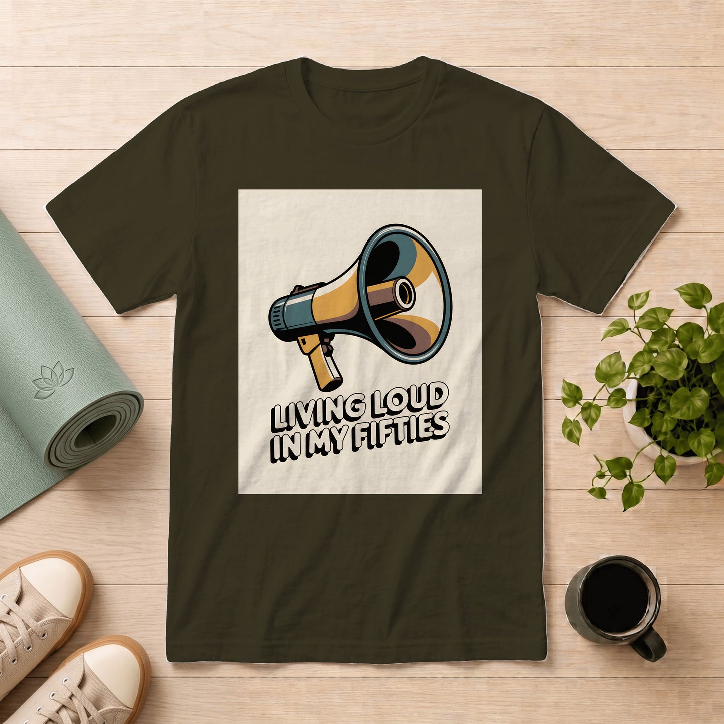 T-Shirt — "Living Loud in My Fifties" Megaphone Graphic Tee