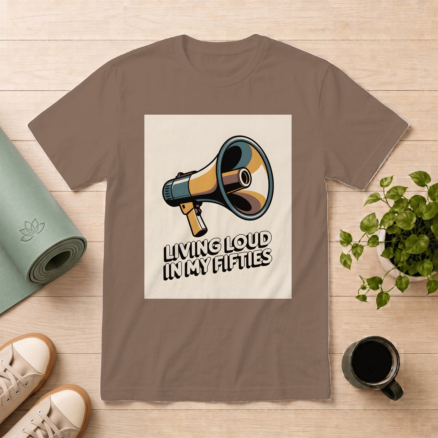 T-Shirt — "Living Loud in My Fifties" Megaphone Graphic Tee