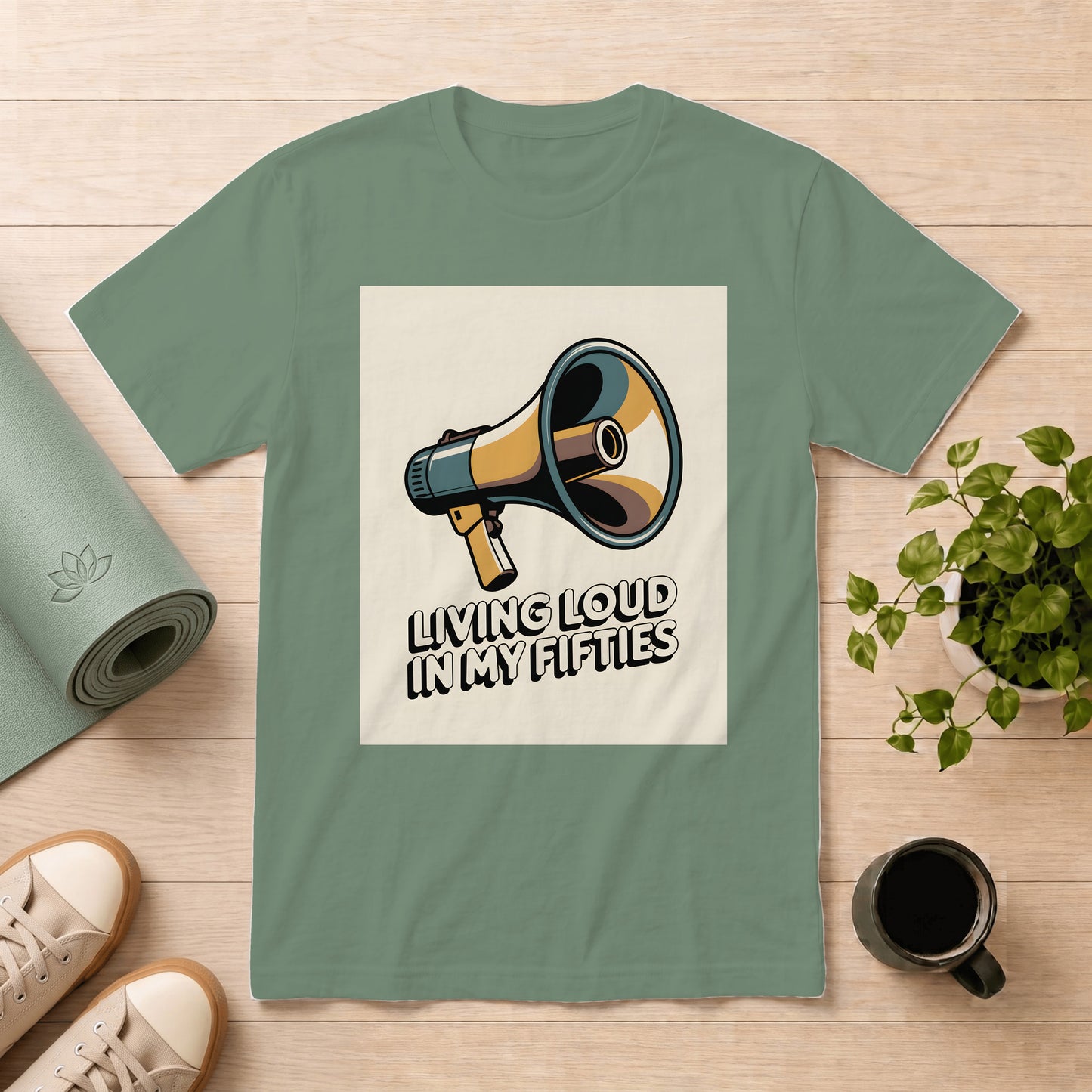 T-Shirt — "Living Loud in My Fifties" Megaphone Graphic Tee