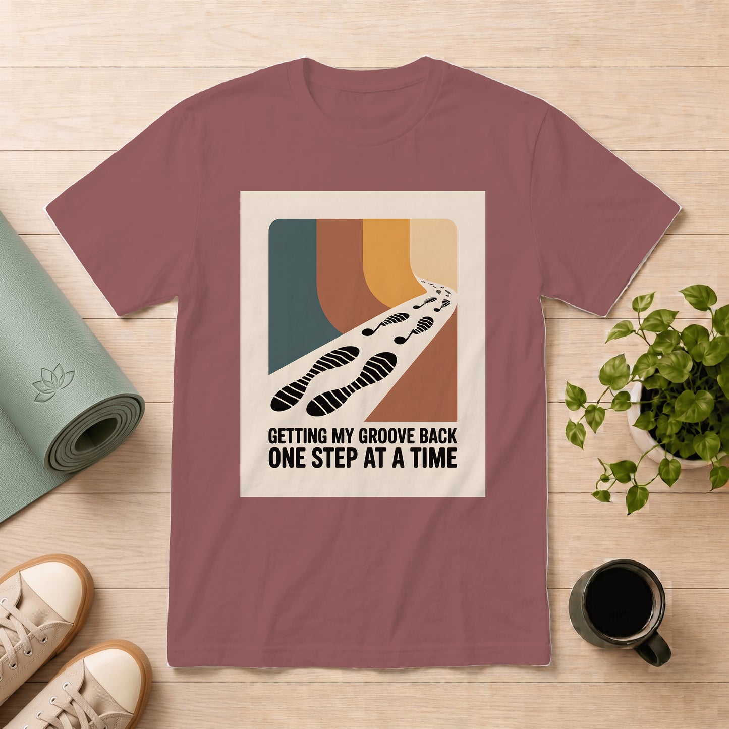 T-Shirt — "Getting My Groove Back One Step at a Time" Retro Footprint Graphic