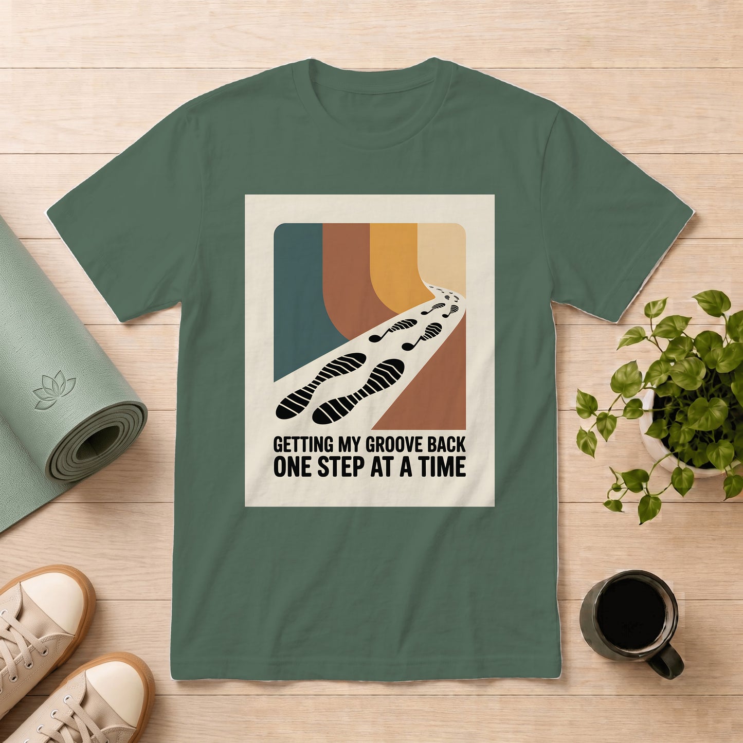 T-Shirt — "Getting My Groove Back One Step at a Time" Retro Footprint Graphic