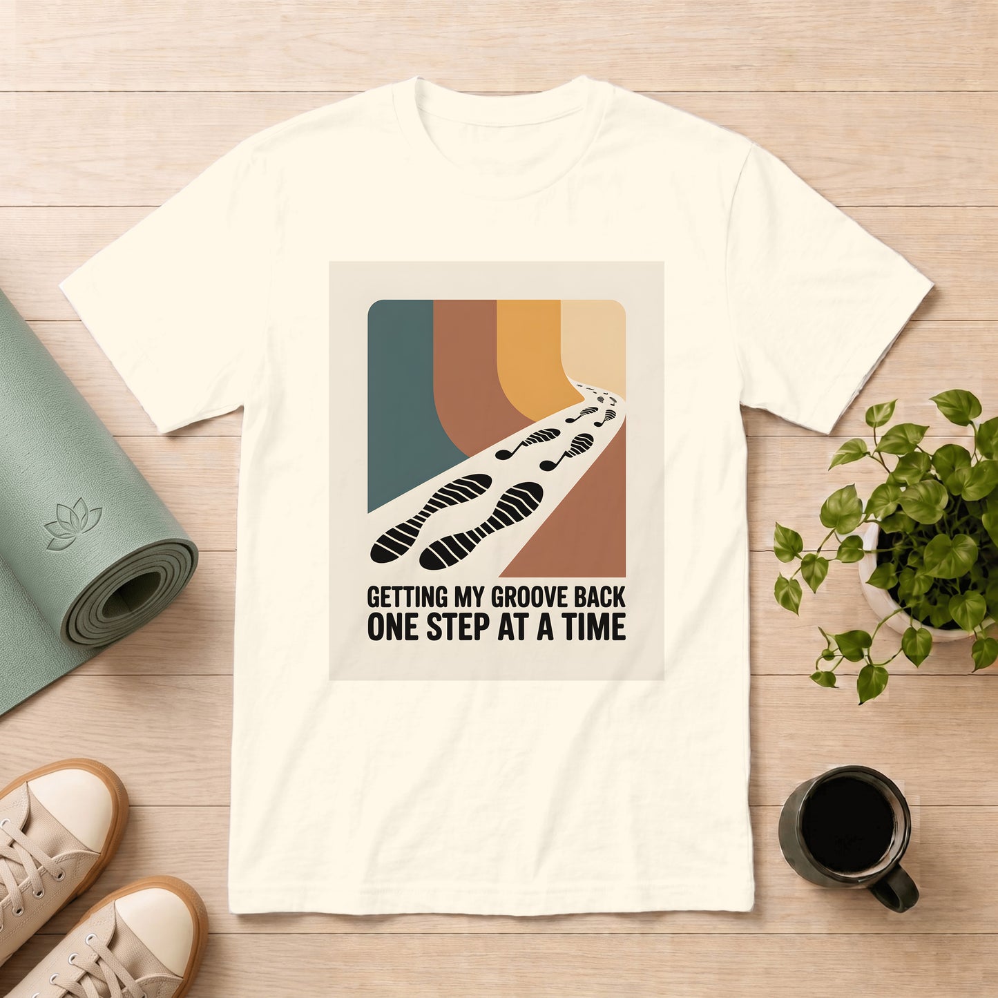 T-Shirt — "Getting My Groove Back One Step at a Time" Retro Footprint Graphic