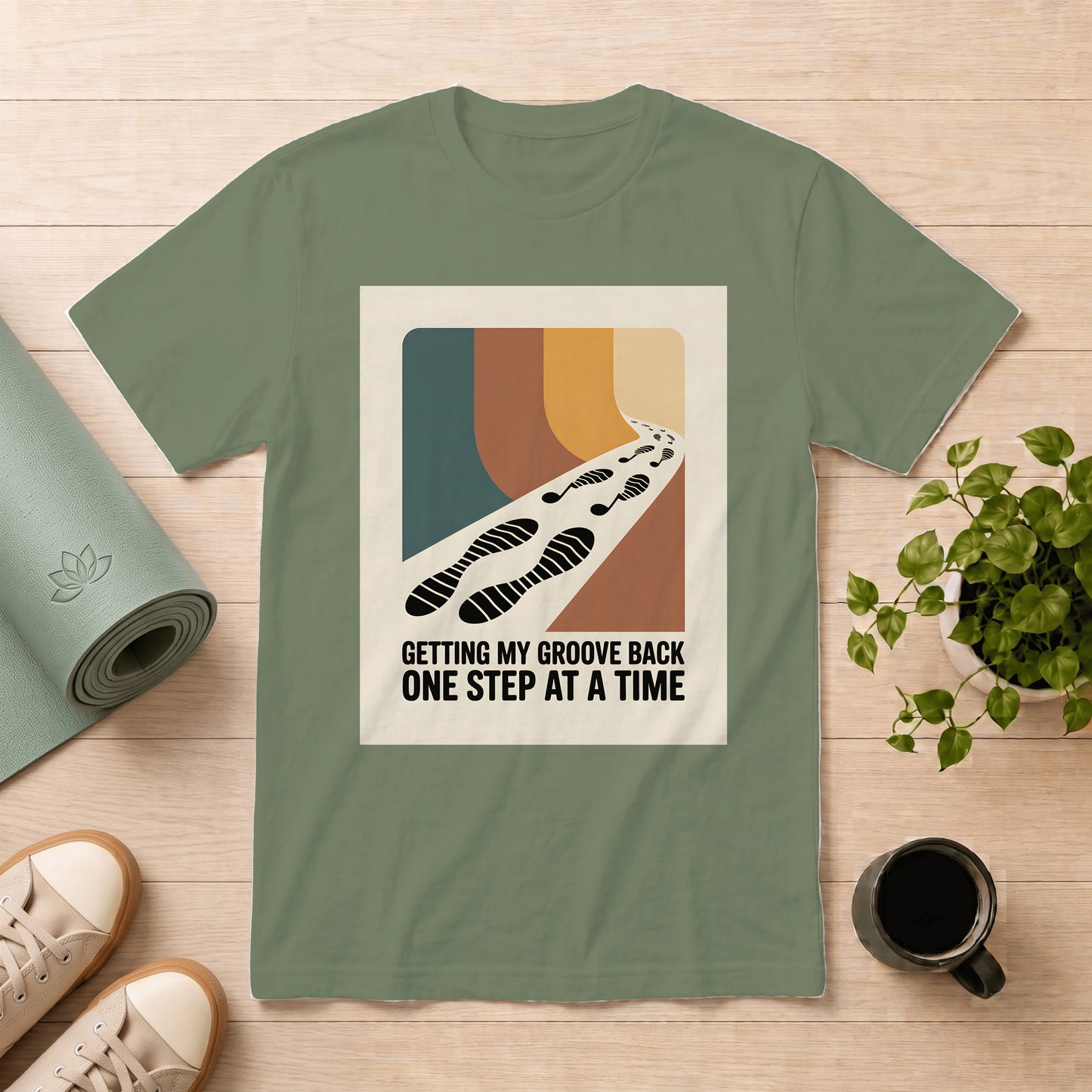 T-Shirt — "Getting My Groove Back One Step at a Time" Retro Footprint Graphic