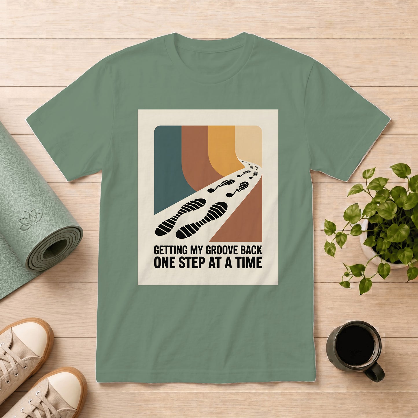 T-Shirt — "Getting My Groove Back One Step at a Time" Retro Footprint Graphic