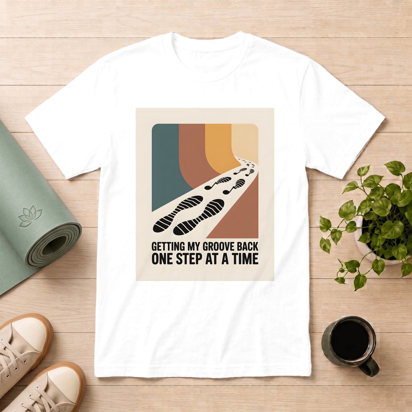 T-Shirt — "Getting My Groove Back One Step at a Time" Retro Footprint Graphic