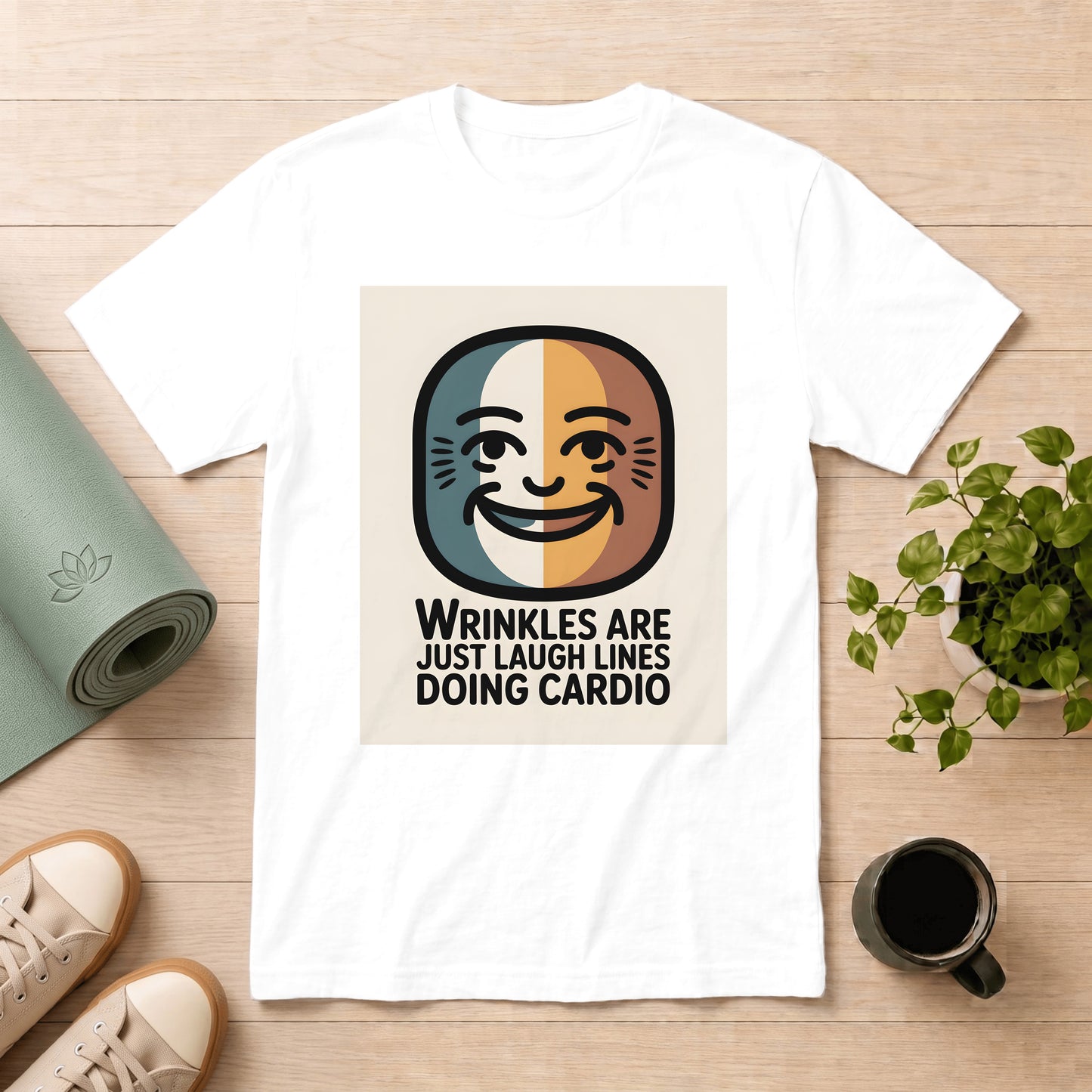 Laugh Lines T-Shirt — "Wrinkles Are Just Laugh Lines Doing Cardio" Retro Smile Tee