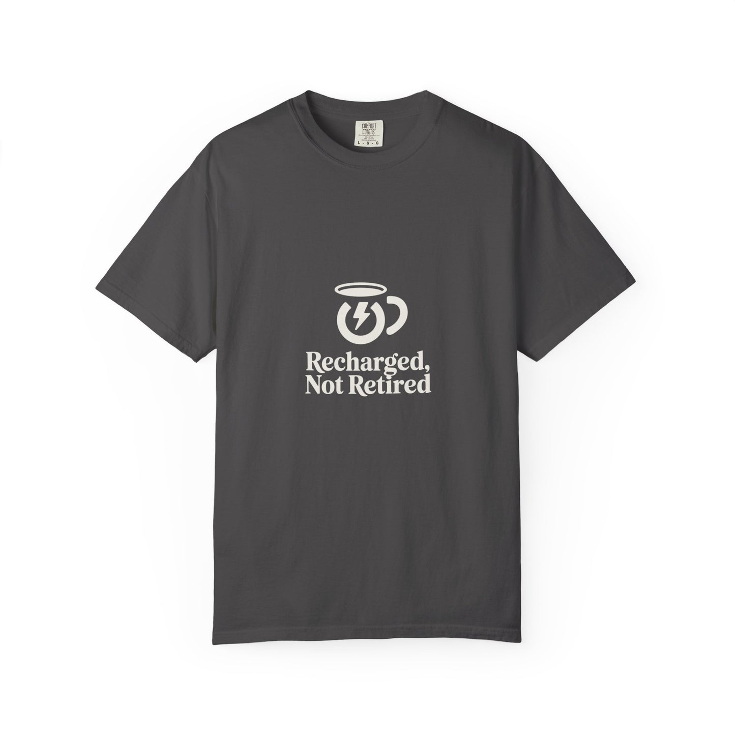 T-Shirt — "Recharged, Not Retired" Coffee Cup Vintage Graphic Tee