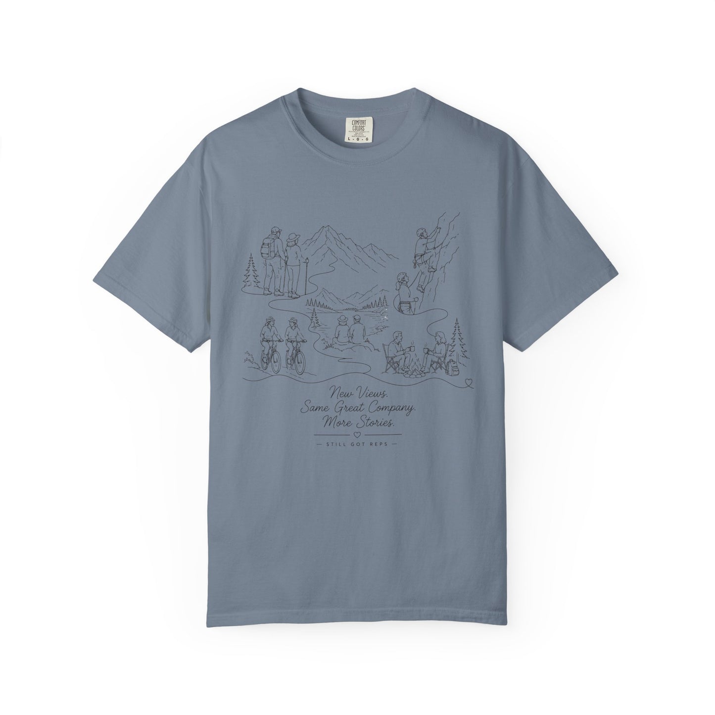 Camping Scene Sketch T-Shirt — Hand-Drawn Mountain & Campfire Graphic