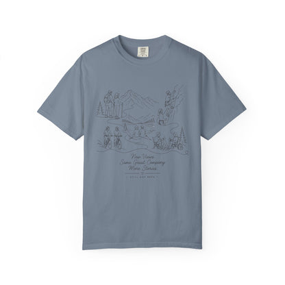 Camping Scene Sketch T-Shirt — Hand-Drawn Mountain & Campfire Graphic