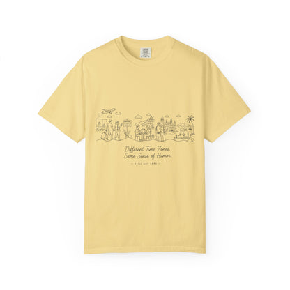 City Sketch Tee — Minimal White Garment-Dyed T-Shirt with Subtle Skyline Design