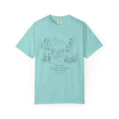 Camping Scene Sketch T-Shirt — Hand-Drawn Mountain & Campfire Graphic