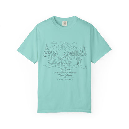 Camping Scene T-Shirt — 'Some Wives Company, Make Time' Outdoor Sketch Tee