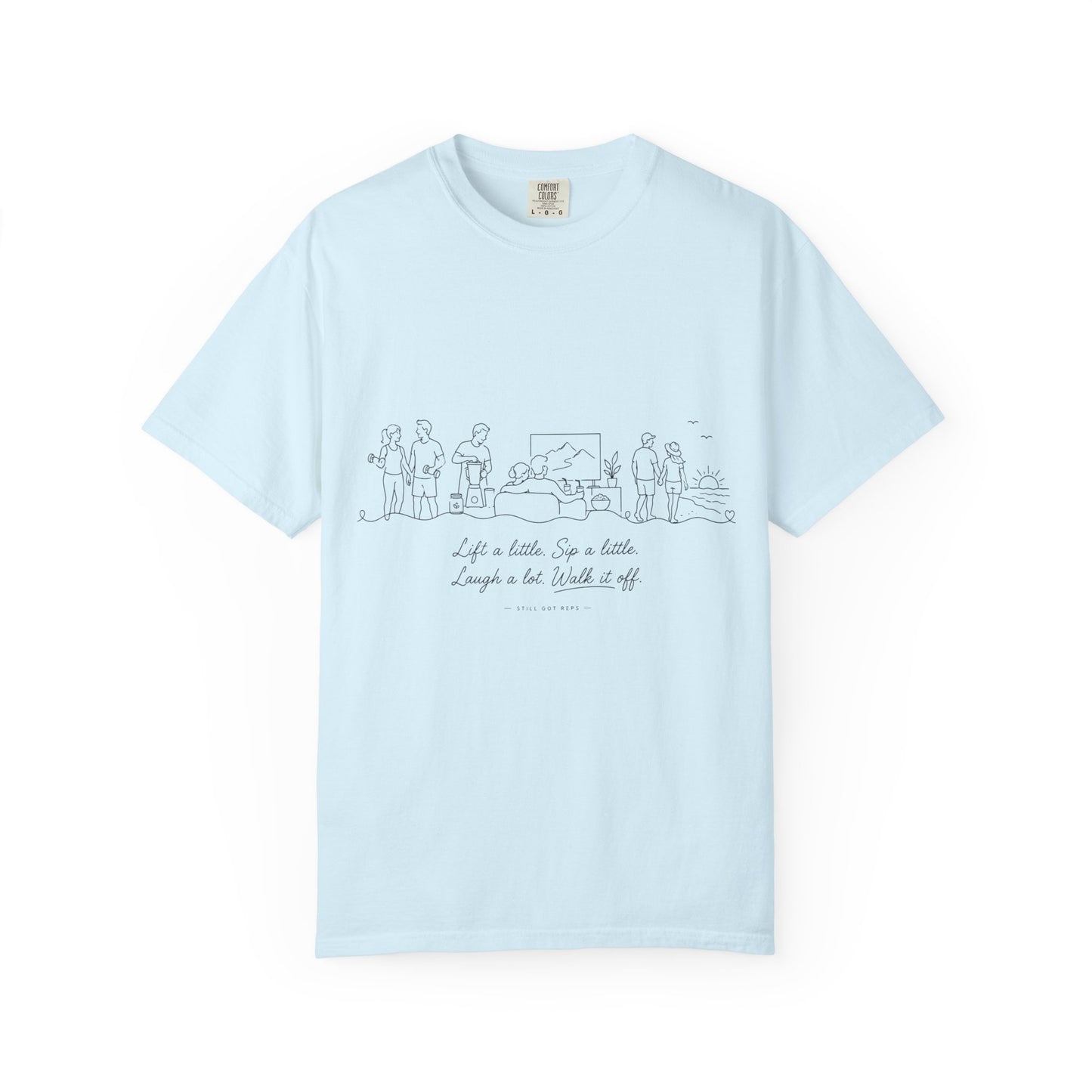 T-Shirt — Minimal Line Drawing “Life is Better by a Bottle, Laugh a Little” Graphic