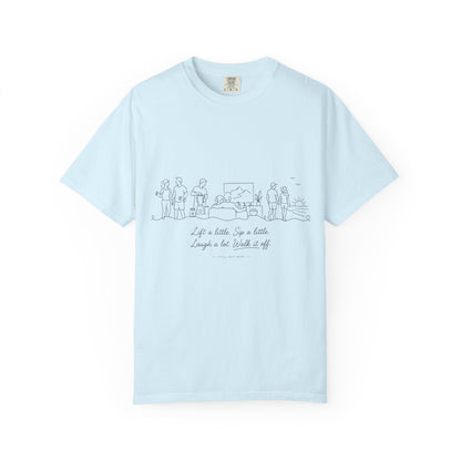 T-Shirt — Minimal Line Drawing “Life is Better by a Bottle, Laugh a Little” Graphic