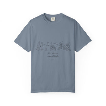 Illustrated Line Art T-Shirt — 'New Adventure Same Attitude' Graphic Tee