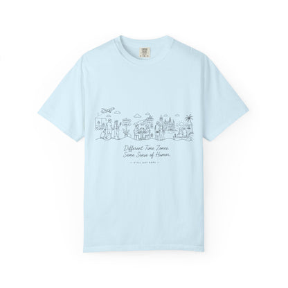 City Sketch Tee — Minimal White Garment-Dyed T-Shirt with Subtle Skyline Design