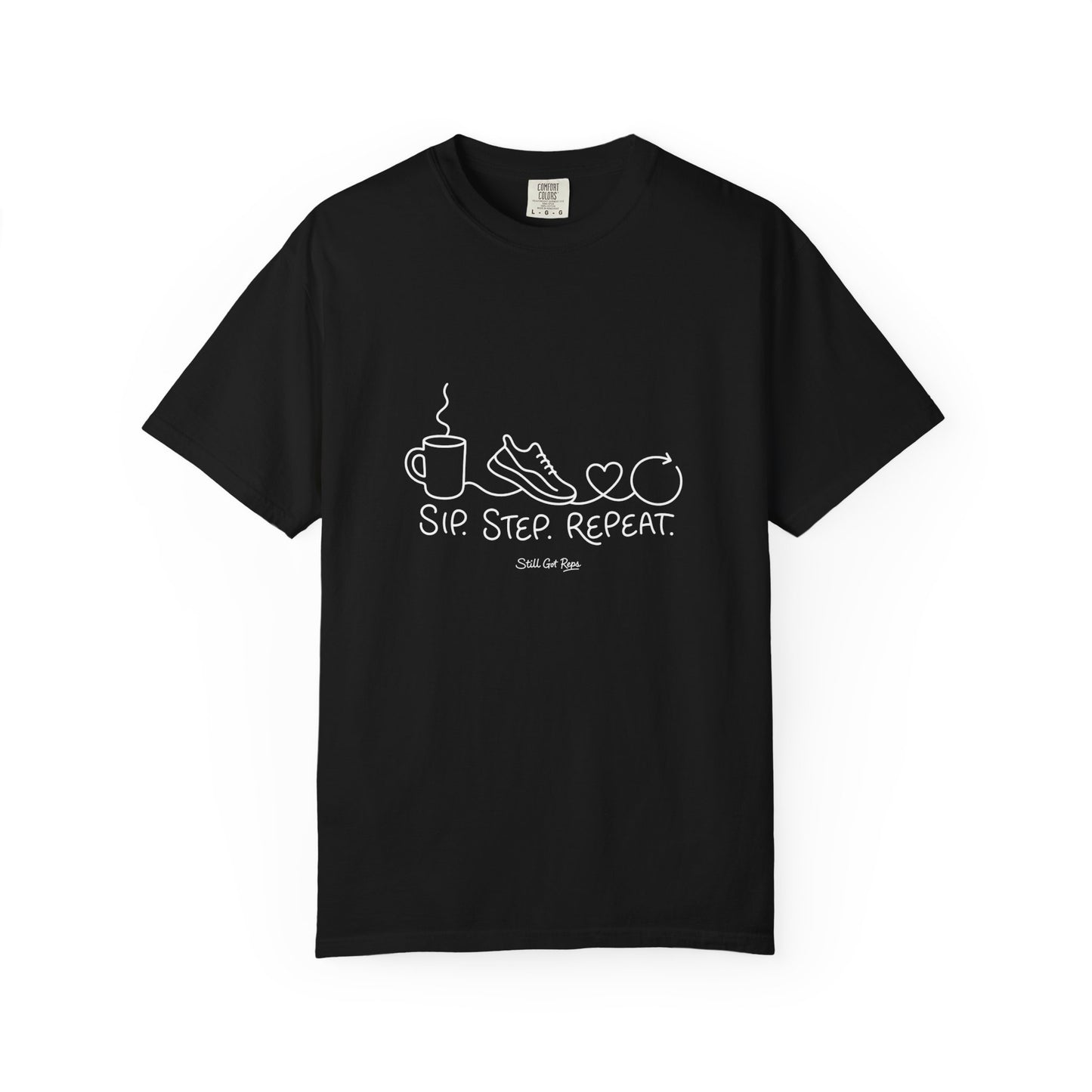 Adventure Series T-Shirt — "Sip. Step. Repeat." Minimal Coffee, Walk & Wellness Graphic Tee