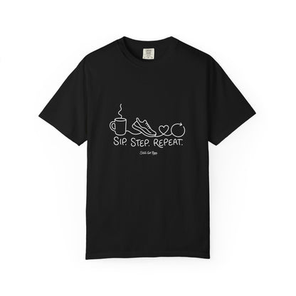 Adventure Series T-Shirt — "Sip. Step. Repeat." Minimal Coffee, Walk & Wellness Graphic Tee
